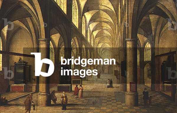 Interior of Cathedral with figures (oil on panel)