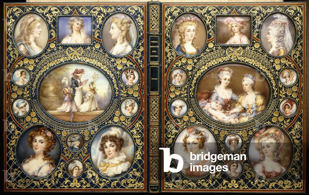 Binding with twenty-four portrait miniatures, from the book 'French Characteristic Costumes' by Richard Brinsley Peake, 1816 (light blue levant morocco leather, brown morocco leather, gilt, twenty-four oval & circle portrait miniatures)