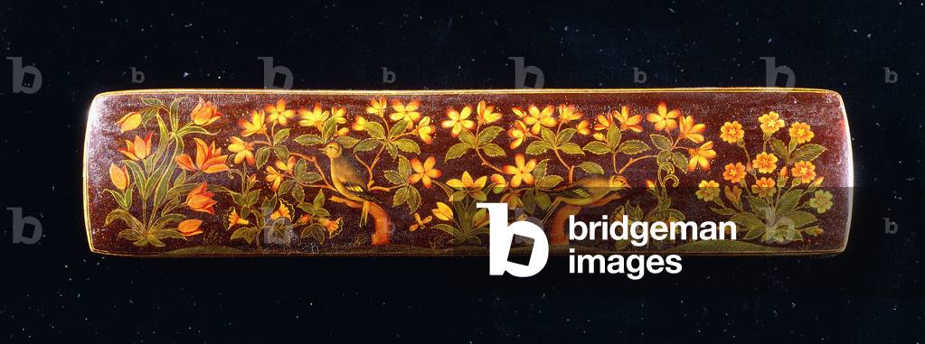 A Qalamdan, depicting finches perched on plum blossom branches, 17th century (polychrome lacquer papier mache)