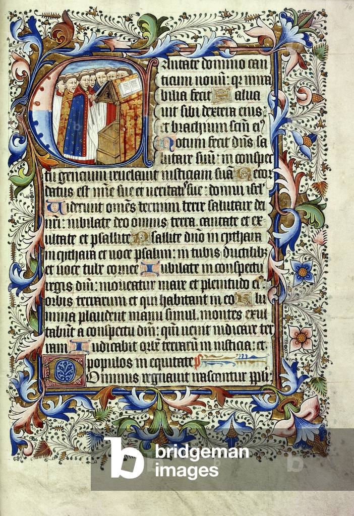 A page from a psalter in Latin, with a historiated initial depicting a group of monks standing before a lectern chanting, c.1455 (illuminated manuscript on vellum)
