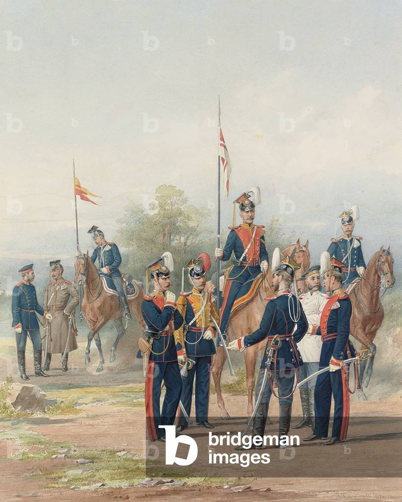 A Group of Officers and Soldiers from the Life Guard Lancer Regiments of His and Her Majesties, 1873 (pencil, w/c & gouache on paper)