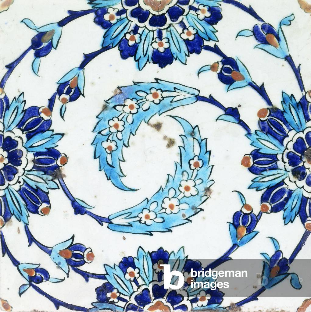 An Iznik pottery tile, with a spiralling floral motif, early 17th century (ceramic)