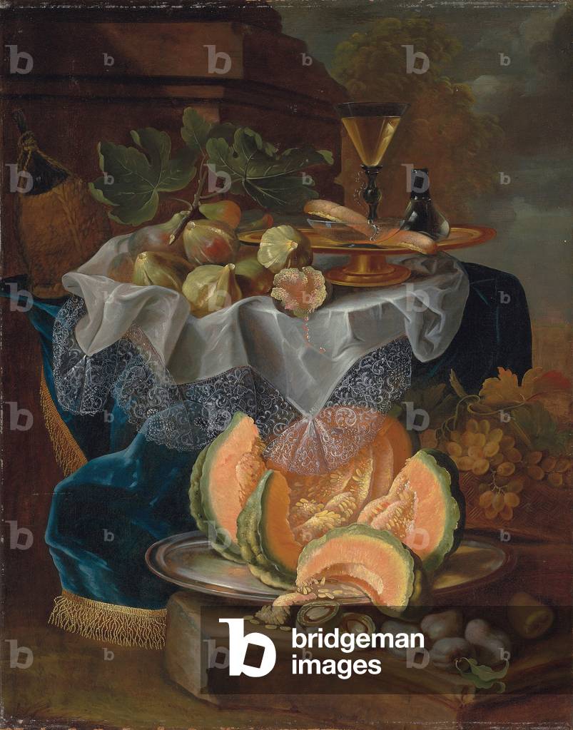 Figs, a gilded tazza with a facon-de-venise wine glass, on a draped table, a cut melon on a pewter platter with plums on a plinth (oil on canvas) (pair to 702590)