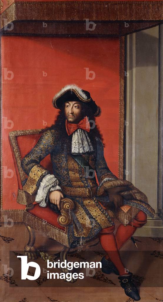 Portrait of King Louis XIV, seated full length, in an embroidered blue and gold coat with a white ruff and a fur trimmed hat, on a throne (oil on canvas, unlined)