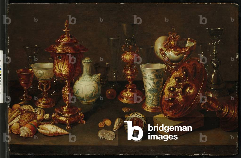 Still life with shells, with nautilus, vases, glasses and coral branches (oil on panel)