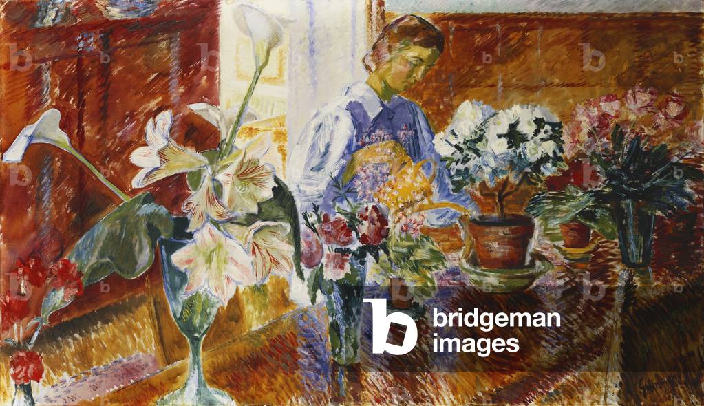 An Interior with a Woman Watering Plants, (oil on canvas)