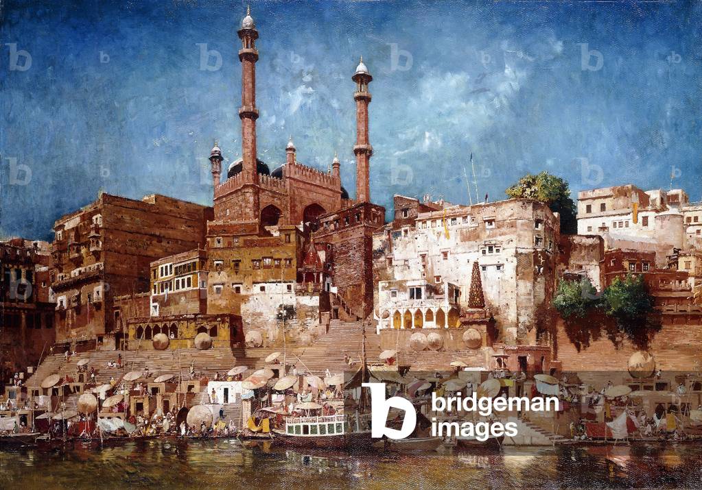 A View of the Ghats with Aurangzeb's Mosque, Benares (oil on canvas)