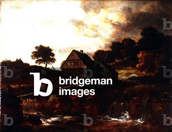 Wooded Landscape with peasant on a bridge over a torrent