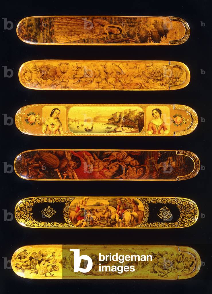 Six papier mache polychrome lacquer qalamdans, 19th century (polychrome lacquer papier mache)