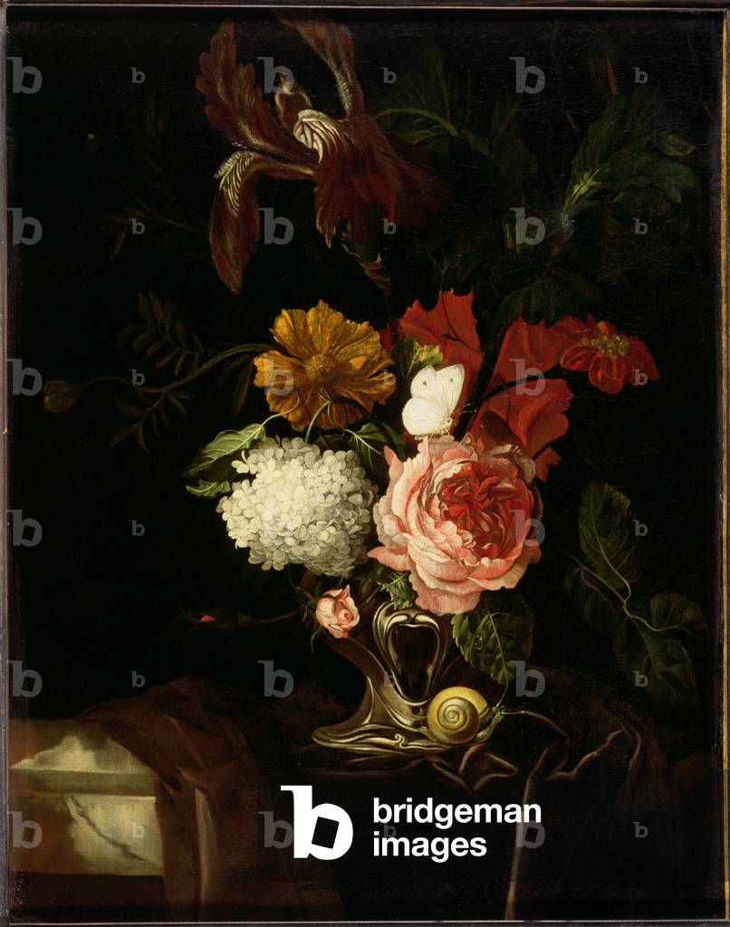 A Rose, and Iris, Lilac and other Flowers in an Auricular Silver Vase with a Snail and a Butterfly on a draped Ledge (oil on canvas)
