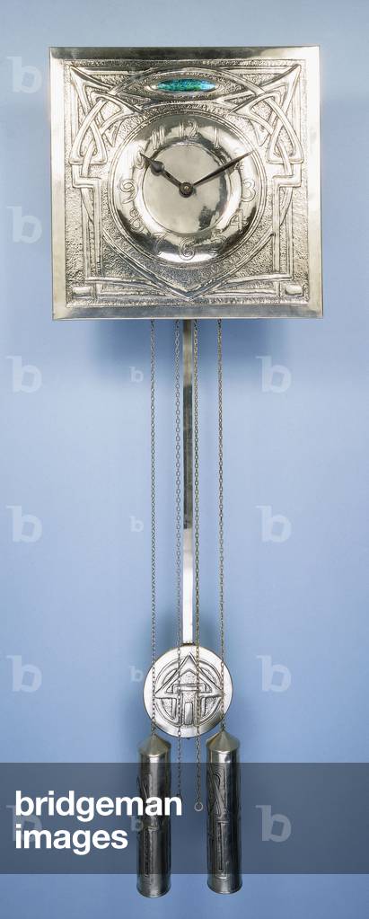 A wall clock by Margaret Gilmour (1860-1942), decorated in repousse with Celtic entrelac designs,  (tin, turquoise)