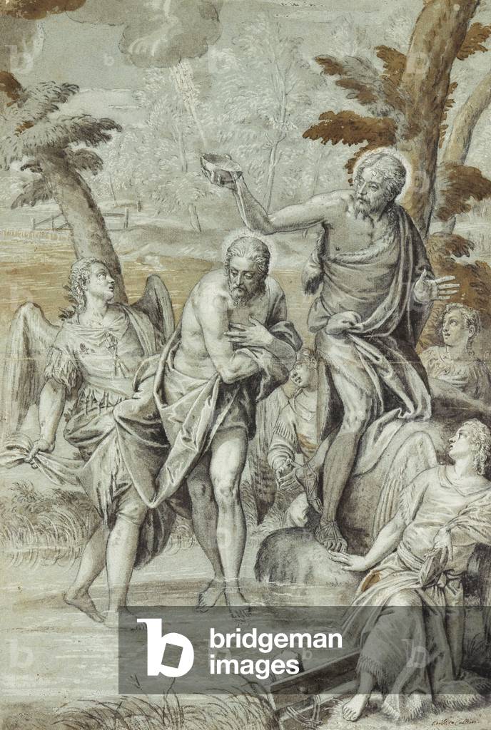 The Baptism of Christ,  (black chalk, grey wash on blue paper)