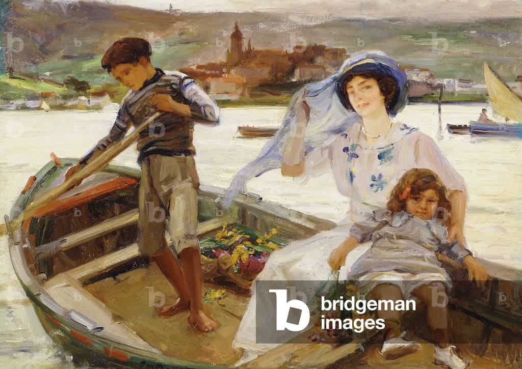 A Mother and Child being Ferried across a River with a Town Beyond, 1913 (oil on canvas)