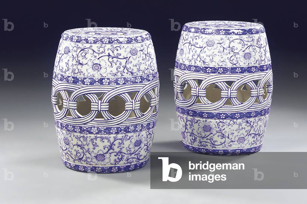 A pair of blue and white garden seats, c.1860 (ceramic)