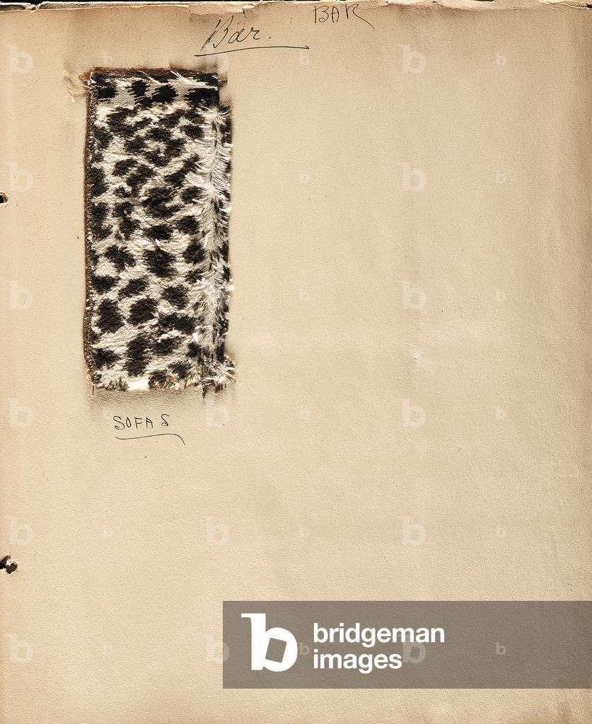 Sample page from a photo album of Elsie de Wolfe's home, After All, Beverly Hills, c.1942 (textile & pencil on paper)