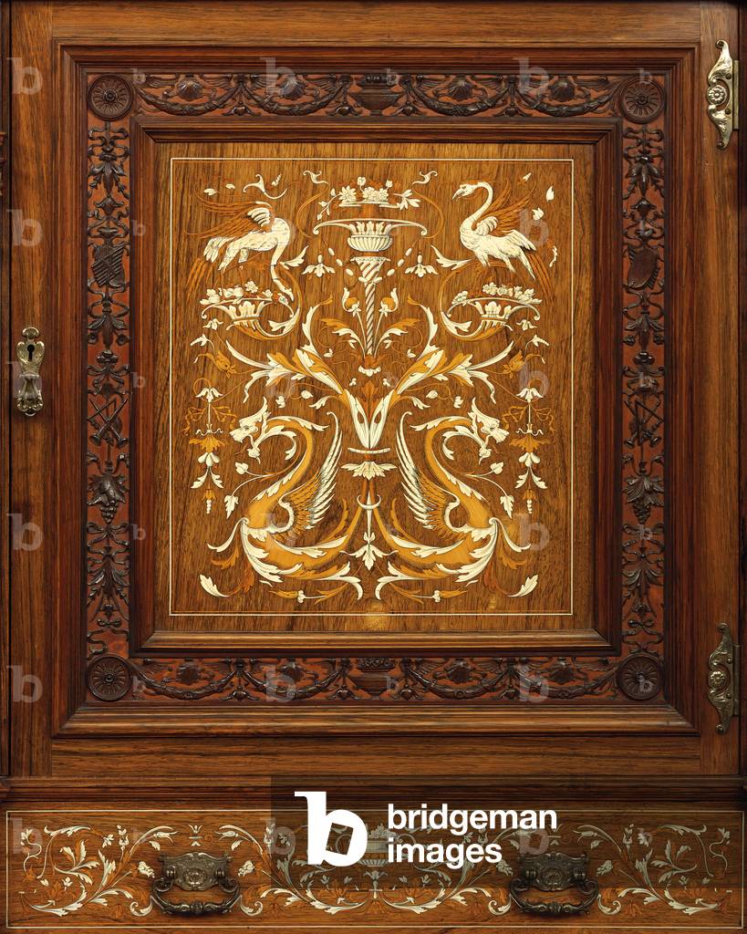 A Late Victorian ivory-inlaid, rosewood, and marquetry cabinet-on-stand by Gillow & Co., Lancaster, possibly designed by Stephen Webb, c.1900 (rosewood)