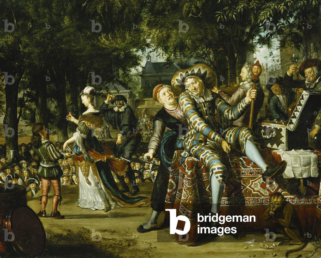 A Troop of Actors Performing Before a Crowd, (oil on panel)