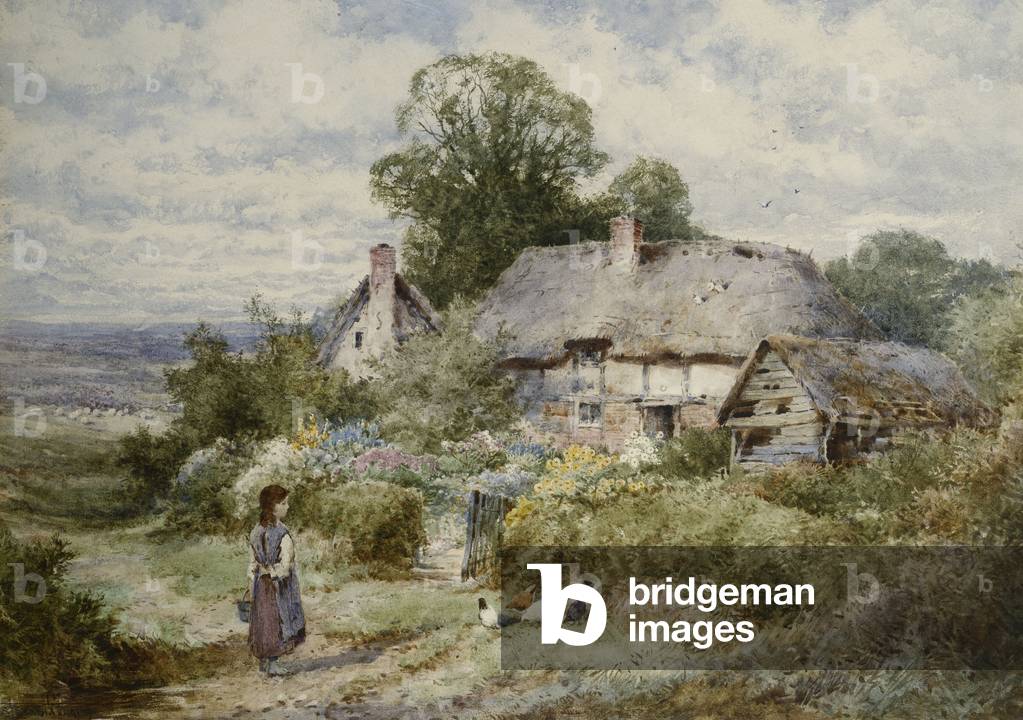 Young Girl Feeding Chickens Outside a Cottage, (pencil and watercolour with touches of white heightening)