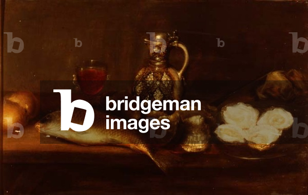 Una natura morta da colazione con caraffa in gres, pesce e ostriche