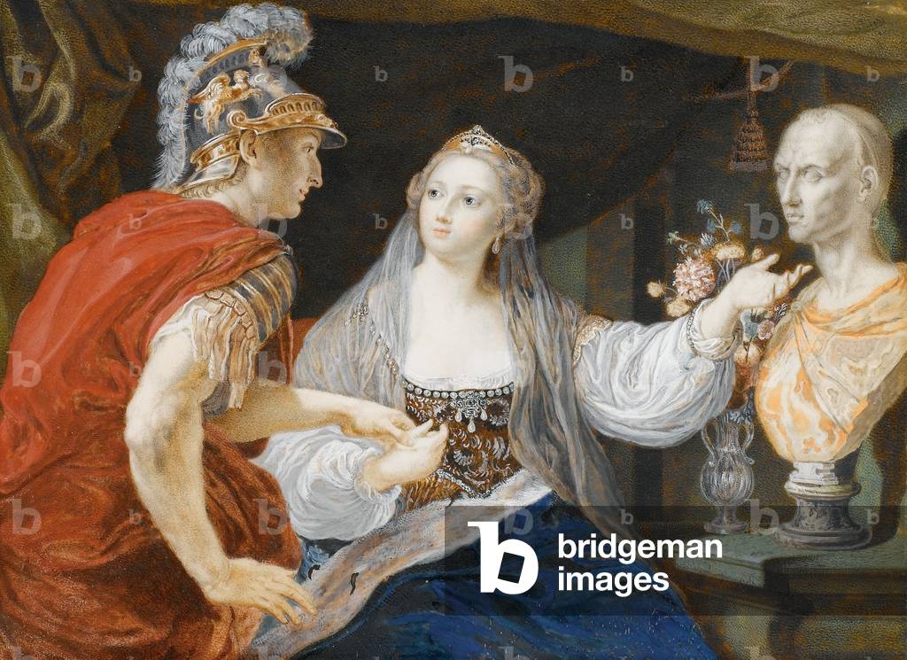 Cleopatra shows Octavius the bust of Caesar (gouache on vellum)