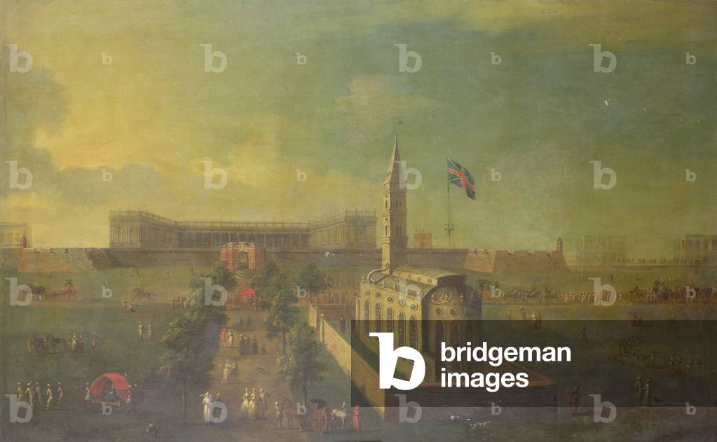 Veduta di Fort William, Calcutta, con la chiesa di Santa Anna in primo piano