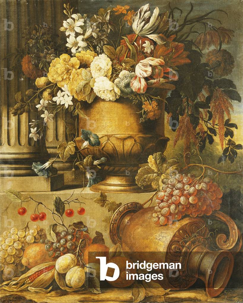A Corncob and an Overturned Pitcher by an Obelisk and Two Fluted Columns in Landscapes, (oil on canvas)