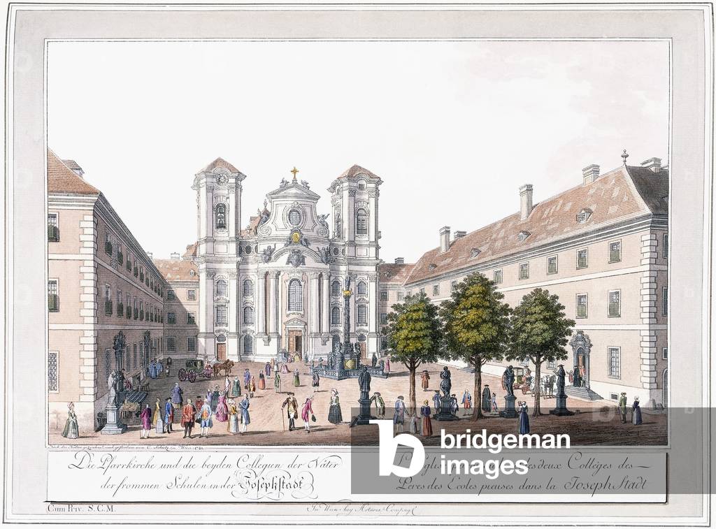 Church and two schools in Josefstadt, 1779-1792 (hand-coloured etching)
