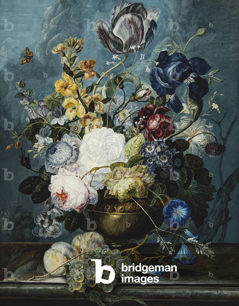 Roses, a Tulip, an Iris, Dahlias, Lamium, Forget-me-nots, Convolvulus, Auricula and Delphiniums in a Vase with Grapes and Peaches on a Stone Ledge, (w/cheightened with white on paper)