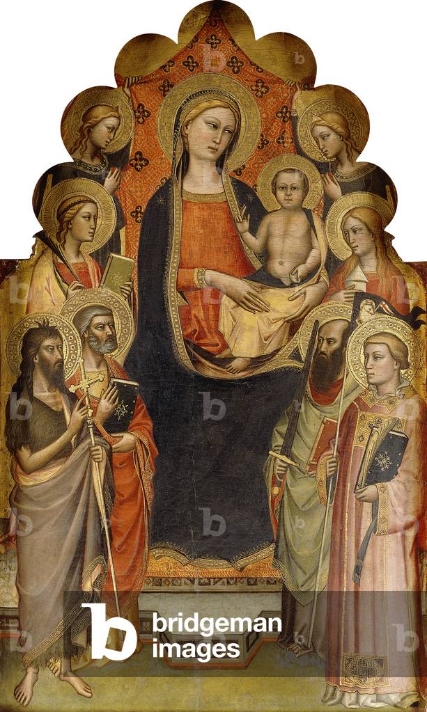 The Madonna and Child enthroned with Saints John the Baptist, Peter, Mary Magdalen, Paul and Stephen, a Female Martyr Saint and Angels,  (tempera on gold ground panel)