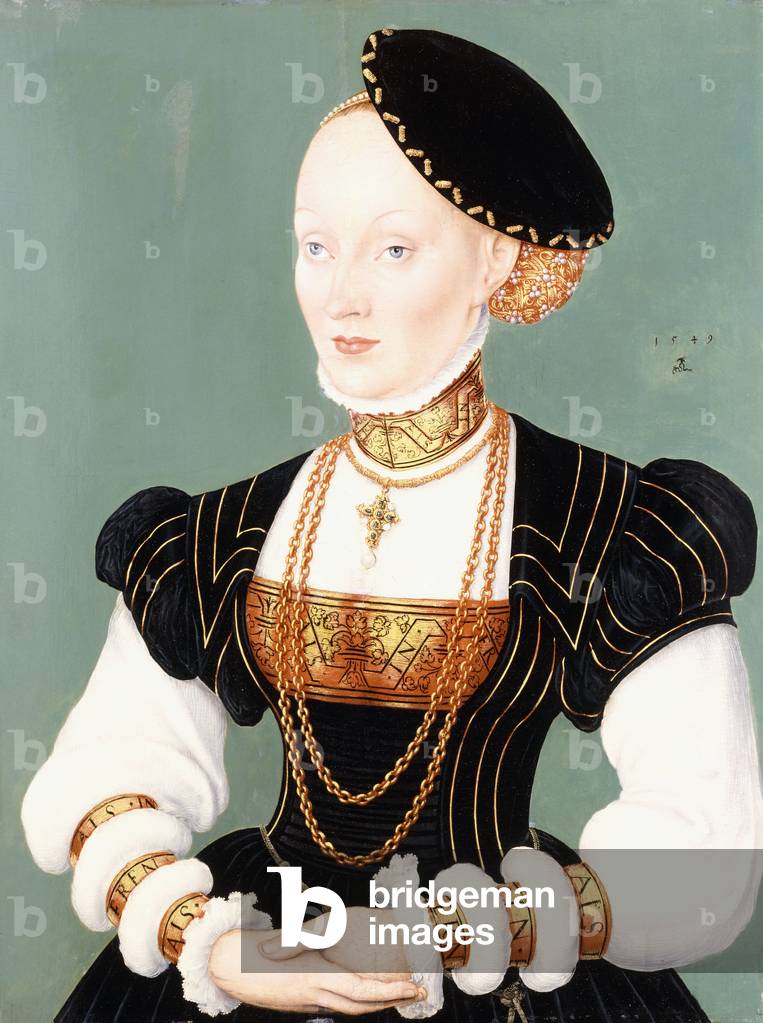 Portrait of Anne of Denmark (b.1532), bust length, wearing a Black Dress with White Sleeves and a Gold Necklace, 1549 (oil on panel)