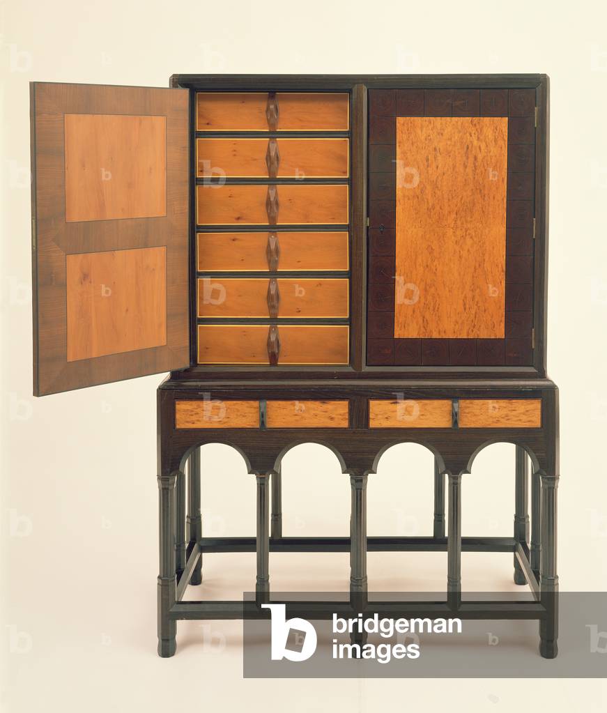 Print cabinet on stand made by Tommy Lees of Russell and Sons, 1925 (bog oak, mahogany, laburnum, elm and yew)