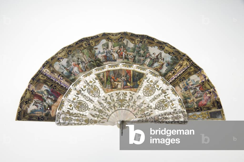 Fan, c.1860, Printed and painted paper, mother of pearl, gold, silver and copper metals, and mirror, Maker unknown