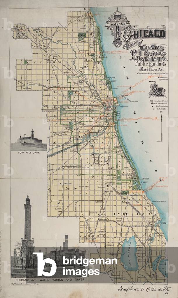 Map of Chicago showing Water Works System, parks, boulevards, and railroads, 1896