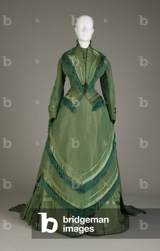 Wedding dress, 1874 (front view), Silk satin, taffeta, Maker unknown