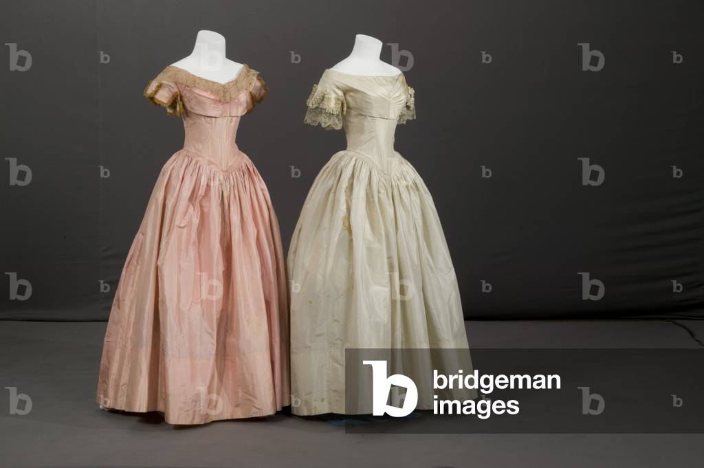 Bridesmaid dress and flower girl dress, 1853 (front oblique view), Silk taffeta, lace, fringe, Maker unknown