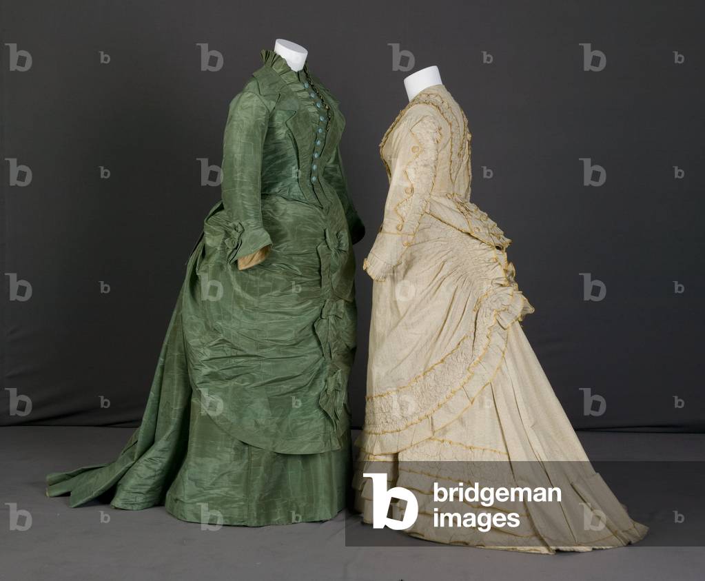 Trousseau dress, 1875 (silk moiré, maker unknown) and trousseau dress, 1880 (cotton twill, silk taffeta, no label)