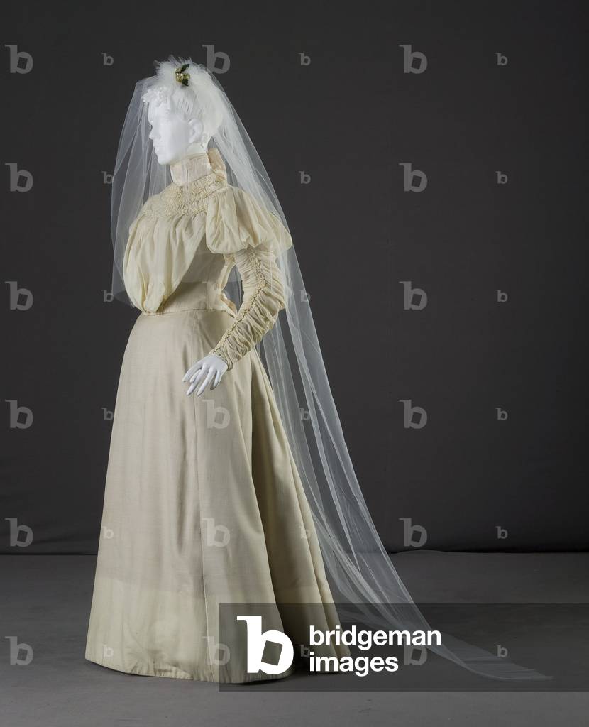 Wedding dress, 1897 (front oblique view, with veil), Silk crepe, satin, Sarah Nugent, bride's sister