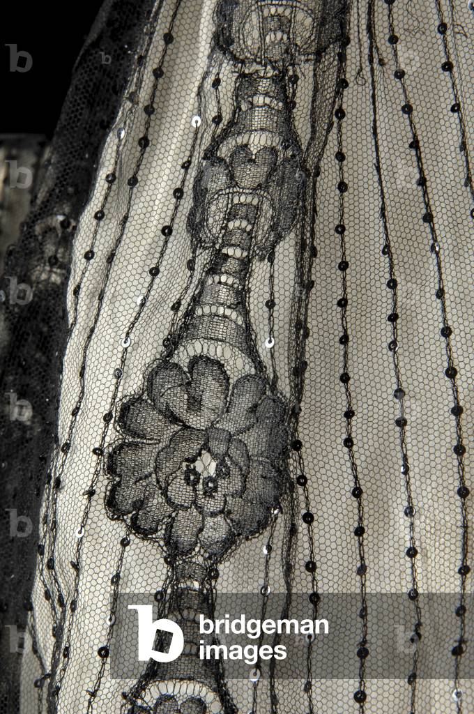 Evening dress, 1902 (close-up view of sequins, lace, and netting), Silk lace, silk net, sequins, glass beads, silk velvet trim, Henriette Favre, Paris