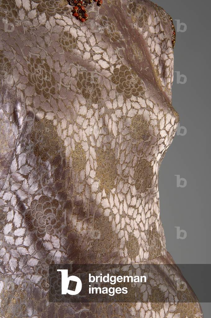 Evening dress, c.1938 (front oblique detail view of bust and waist), Silk brocade, glass beads, and coral trim, Mainbocher, France