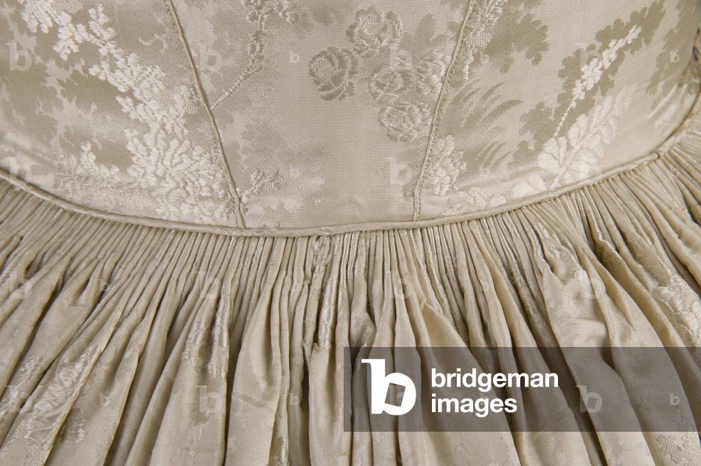 Wedding dress (back detail view of waist), 1854, Silk jacquard, satin, net, No label