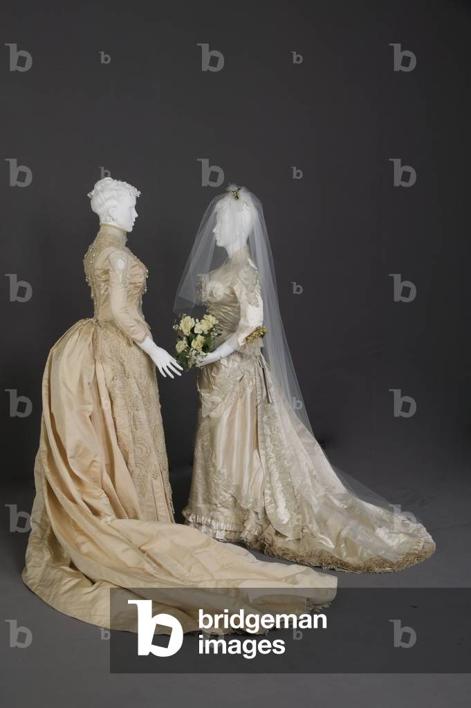Wedding dresses, 1880s, Silk faille, net, lace, pearl, glass beads