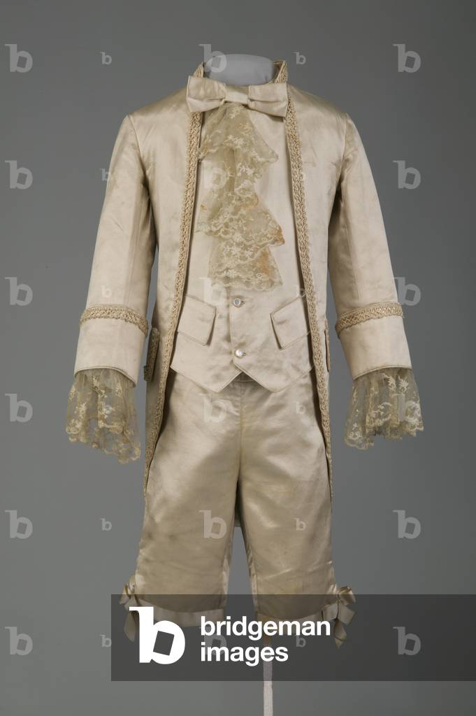 Page boy ensemble, 1897 (front view), Satin, linen twill, silk braid lace, Maker unknown