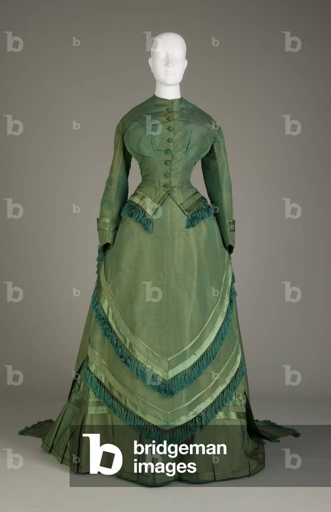 Wedding dress, 1874 (front view), Silk satin, taffeta, Maker unknown
