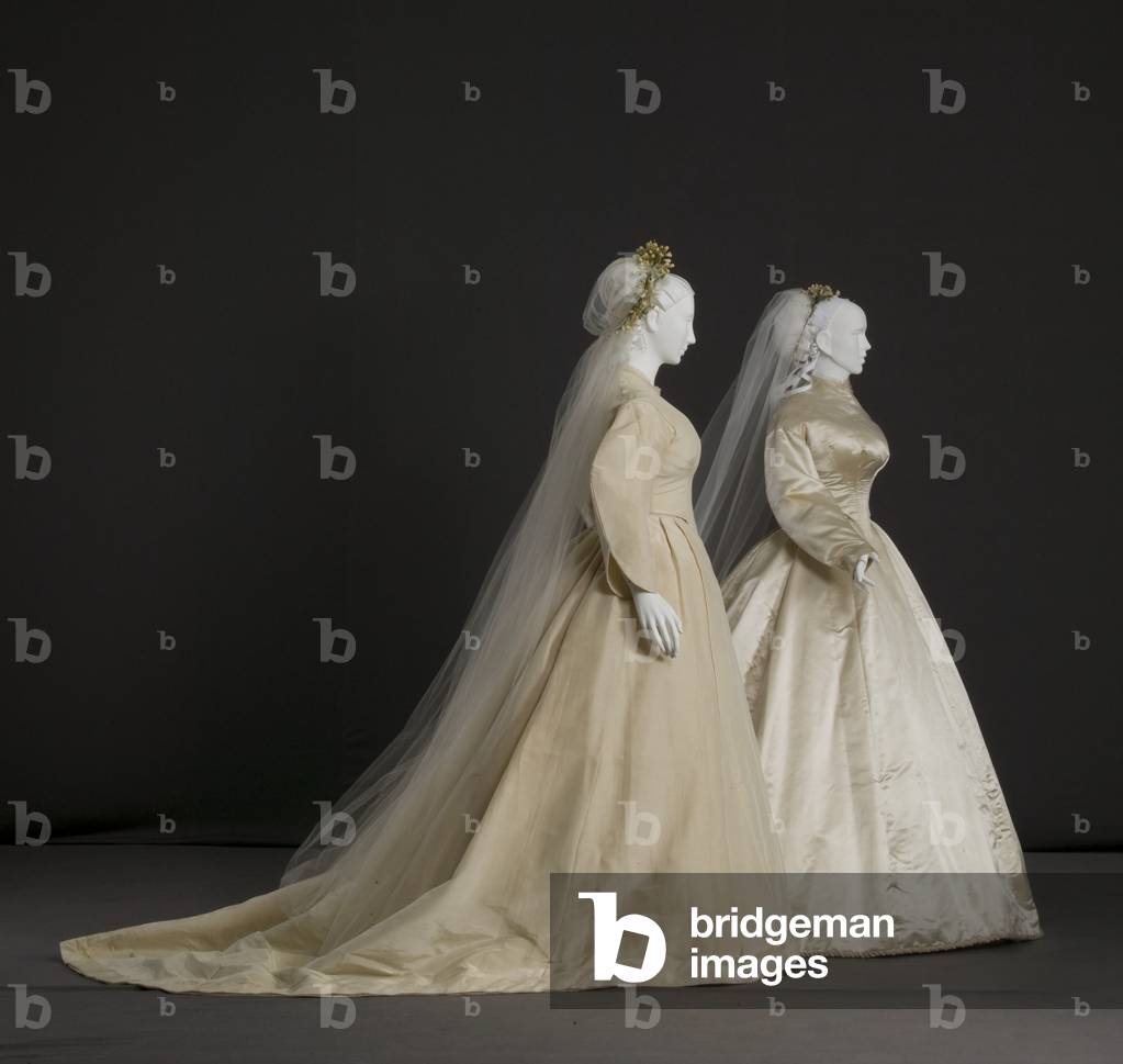 Wedding dresses, 1870 (silk and wool taffeta), and 1866 (silk satin, silk thread cord, silk lace), Side view