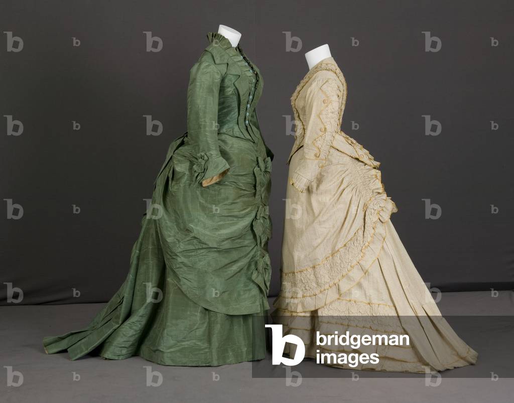 Trousseau dress, 1875 (silk moiré, maker unknown) and trousseau dress, 1880 (cotton twill, silk taffeta, no label)