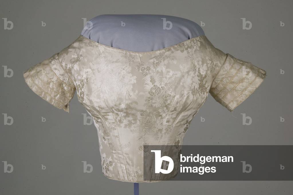 Wedding bodice (front view), 1854, Silk jacquard, satin, net, No label