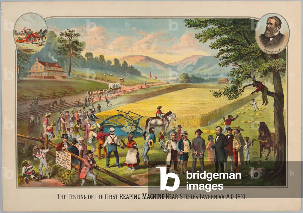 The Testing of the First Reaping Machine Near Steele's Tavern, Virginia, 1831 (colour litho)