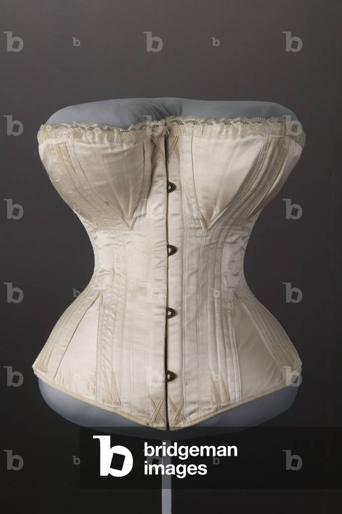 Wedding corset, 1874, Silk satin, lace, Maker unknown