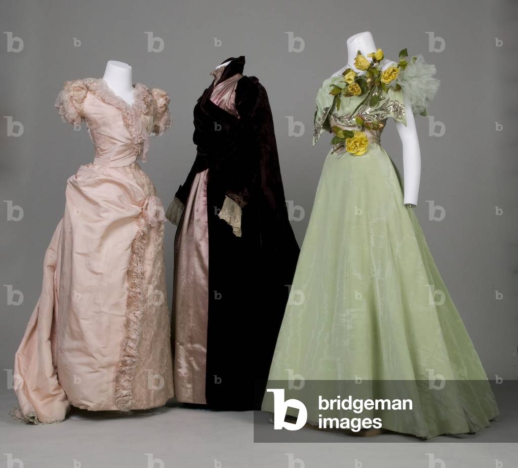 Bridesmaid dress, 1896, Silk and wool moiré, metal sequins, silk fabric flowers, Weeks, Chicago Trousseau dress, 1891, Silk faille, voile, silk thread embroidered net, frayed silk grosgrain ribbon, Mr, G.B, Hupp, Cincinnati, Trousseau dress, 1890, Silk velvet, satin, lace, glass beads, No label
