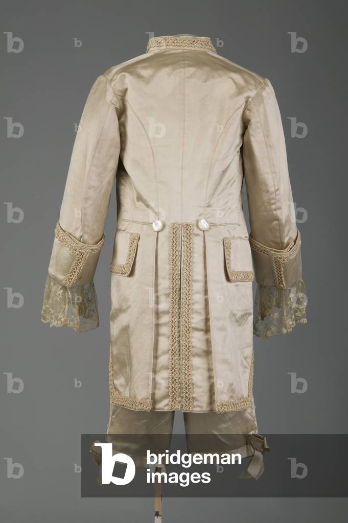 Page boy ensemble, 1897 (back view), Satin, linen twill, silk braid lace, Maker unknown